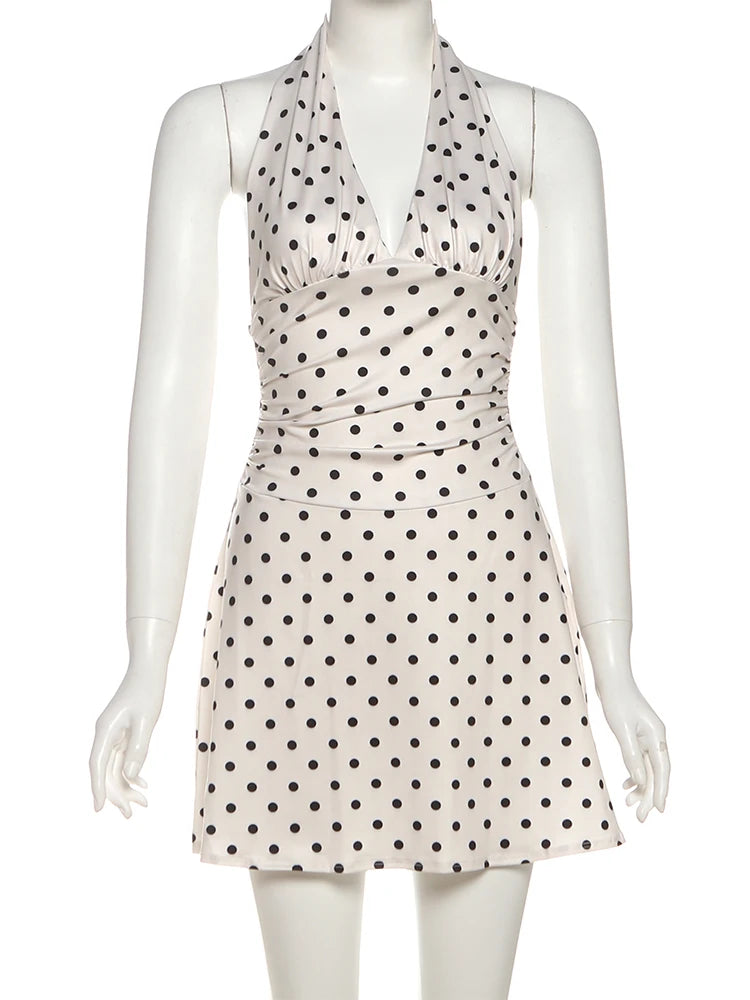 Halter Backless Dress Women Sexy V-Neck Folds Sleeveless Polka Dot Print Skinny Summer Trend Elegant Party Bodycon