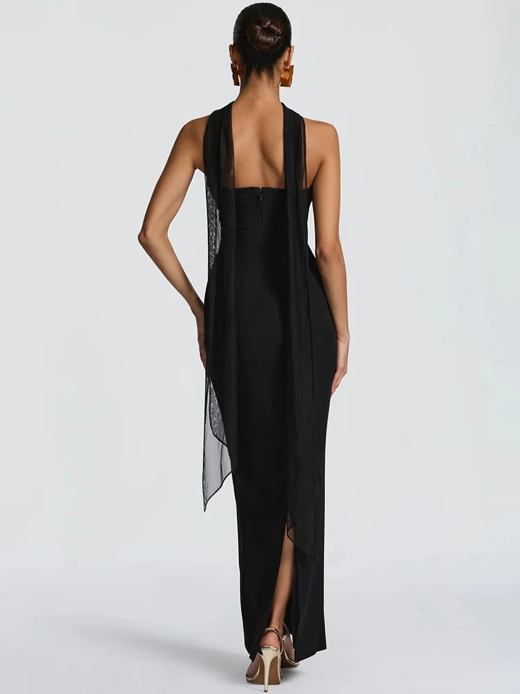 Off-shoulder Backless Sexy Maxi Dress Women Gown Elegant Zipper Halter Sleeveless Bodycon Club Party Long Dresses