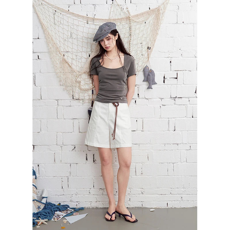 Square Neck Fitted T-Shirt, Ruched Short Sleeve Top