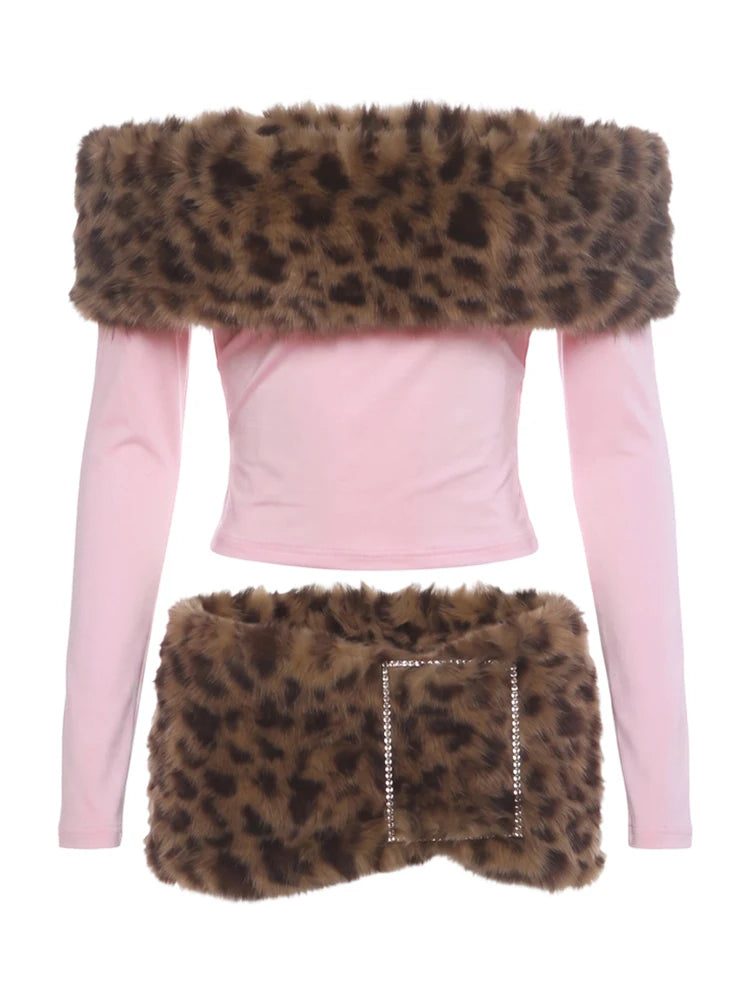 Furry Patchwork 2 Piece Set Woman Leopard Print Slash Neck Full Sleeve T-Shirt+Rhinestone Decoration Mini Shorts Suit