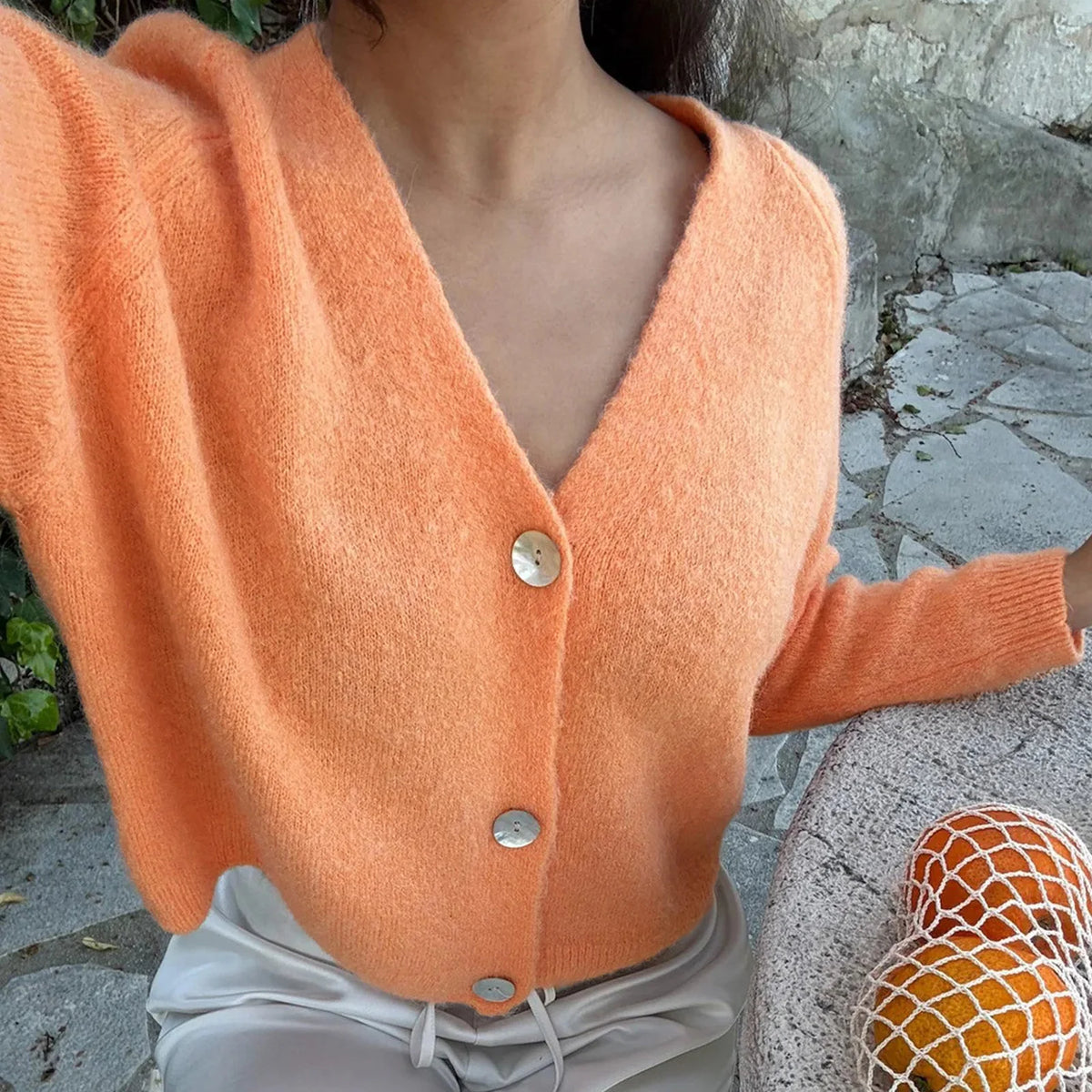 Women Basic Knitted Cardigan Solid Color V Neck Long Sleeve Button-up Crop Sweater Casual Winter Fall Clothes