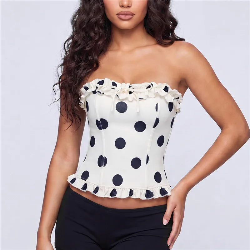Summer Coquette Polka Dot Bustier Women Ruffle Strapless Lace Up Back Corset Crop Top Slim Bodycon Tube Top Beach Outfit