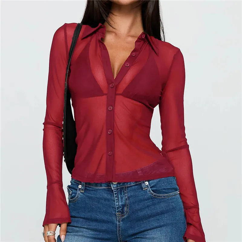 Sheer Button Down Shirts for Women See Through Mesh Long Sleeve Button Up Blouse Shirt Sexy Going Out Tops Streetwear