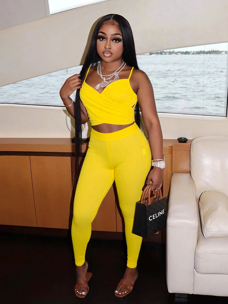 Sexy Women 2 Piece Set Summer Tracksuit Cross Mesh Camisole+Leggings Stretch Tight Matching Streetwear Matching Suits