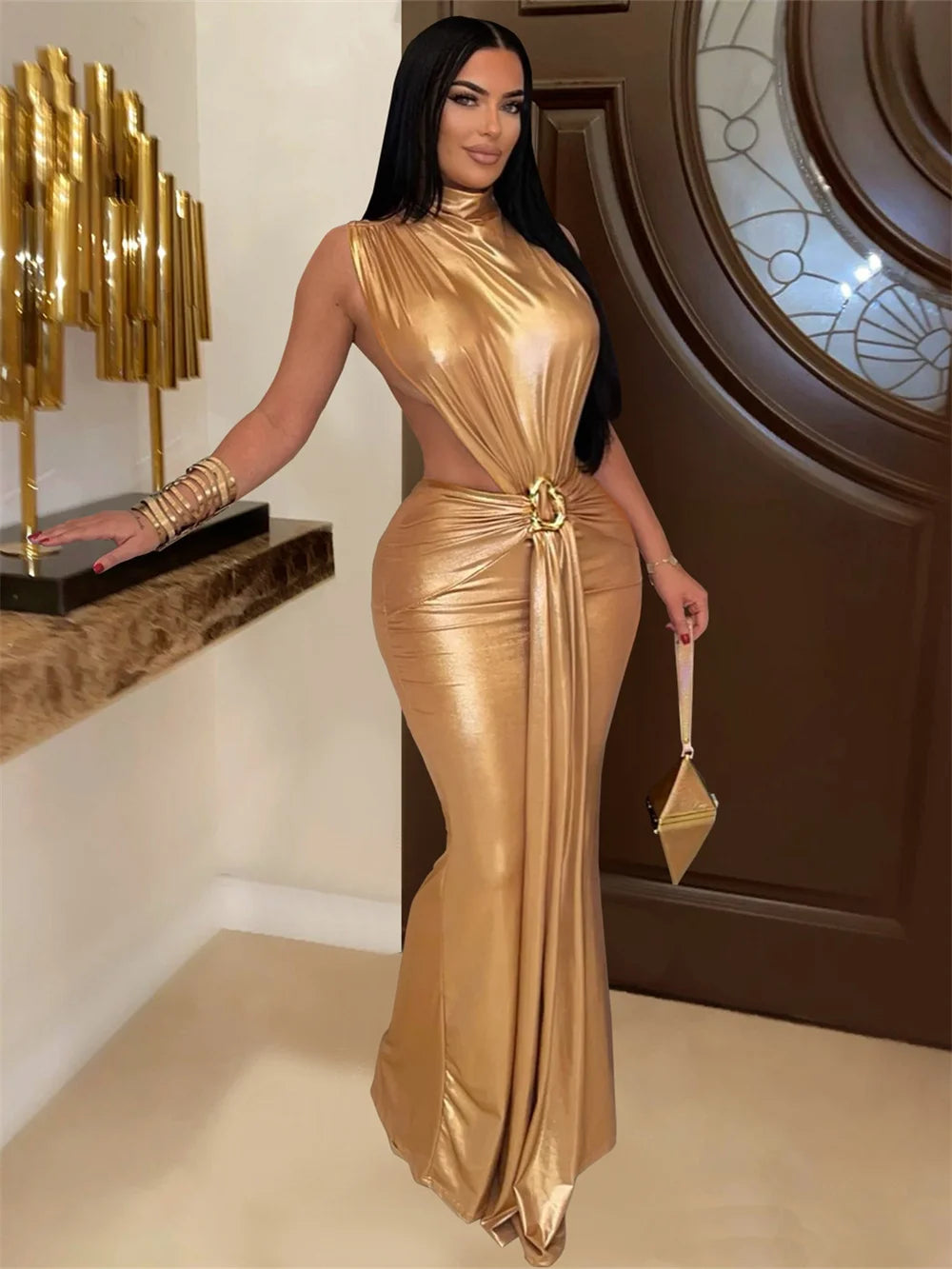 Silky Sexy Dress Women Sleeveless Waistless Metal Button Ribbon Ruched Side Split Party Midnight Club Wedding Bodycon