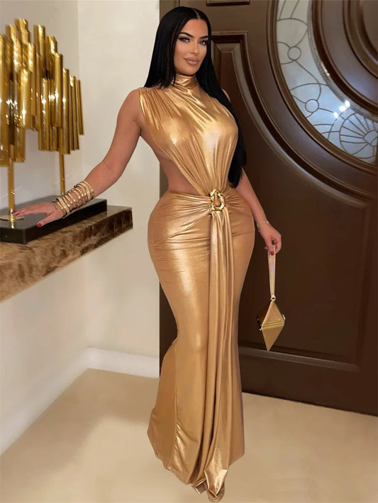 Silky Sexy Dress Women Sleeveless Waistless Metal Button Ribbon Ruched Side Split Party Midnight Club Wedding Bodycon