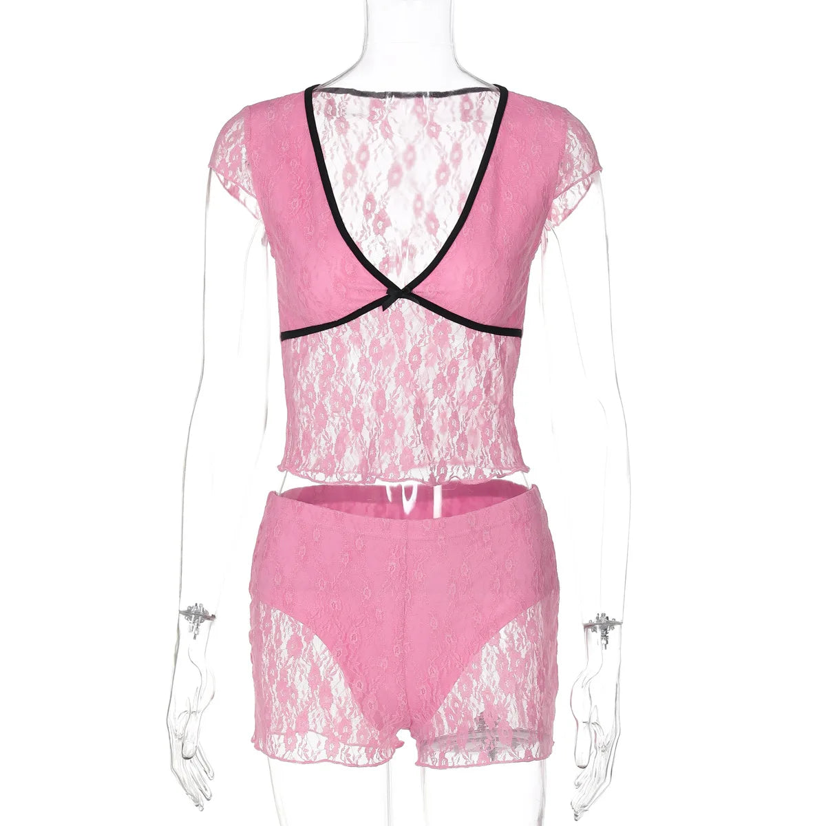 Sexy Women Lingerie Set Patchwork Lace V Neck Short Sleeve Crop Tops Sheer Mini Shorts 2 Piece Pajama Outfits