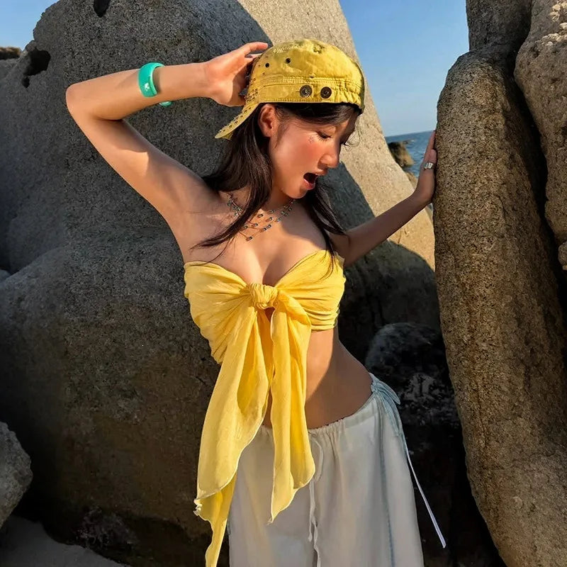 Women Strapless Bow Tube Top Knot Front Solid Bandeau Crop Top Summer Beach Vacation Wrap Sleeveless Y2K Streetwear
