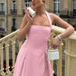 Halter Backless Sexy Midi Dress Women Fashion Solid Sleeveless High Waist A-line Club Party Pleated Long Dresses Female