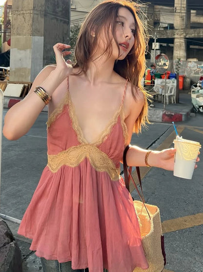 Lace Patchwork Camisole Women v-Neck Folds Sweet Style Chic Leisure Summer Fashion Music Festival Classic Streetwear