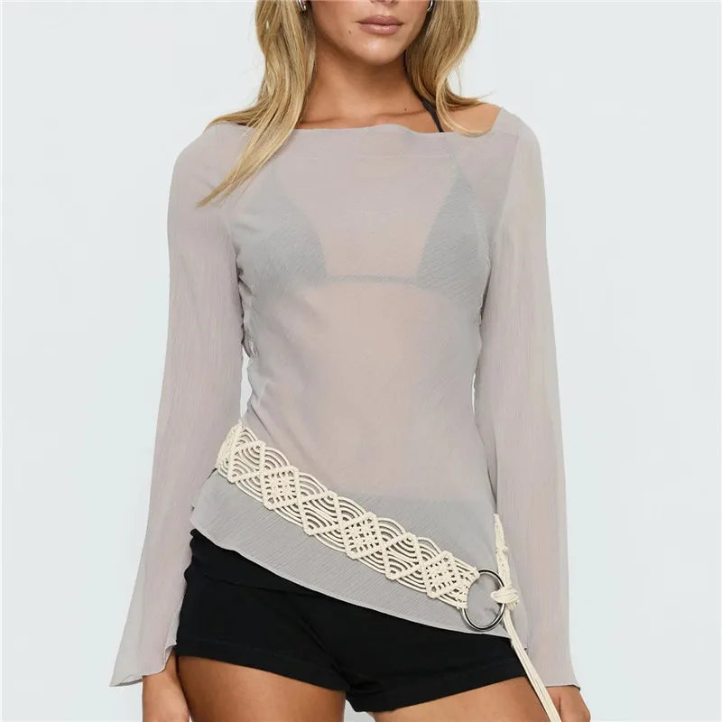 Women's Sheer Mesh Cover Up Top Long Flare Sleeve Backless Tie Open Back Asymmetrical Hem Beachwear Blouse