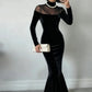 Full Sleeve Turtleneck Mesh Patchwork Long Dress Woman Elegant Velvet Slim High Waist Evening Prom Party Elegant Bodycon