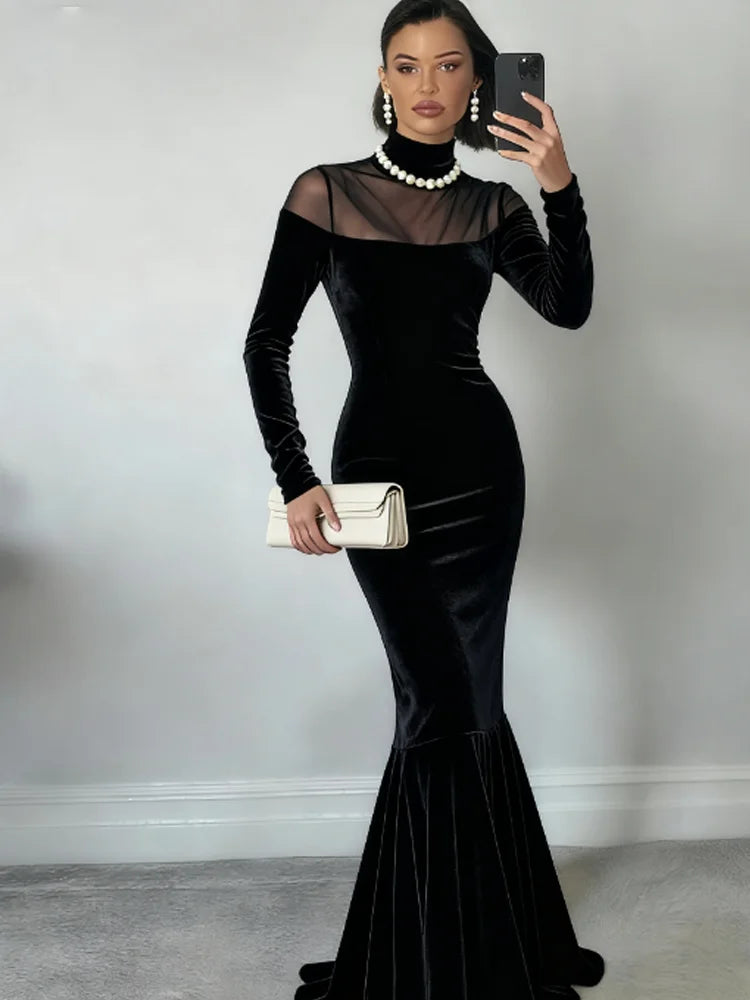 Full Sleeve Turtleneck Mesh Patchwork Long Dress Woman Elegant Velvet Slim High Waist Evening Prom Party Elegant Bodycon