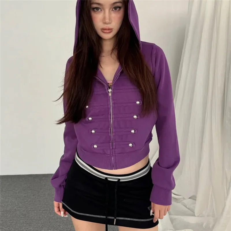 Womens Trendy Cropped Zip Hoodie Military Double Metal Buttons Design Hooded Long Sleeve Slim Short Jacket Street Top