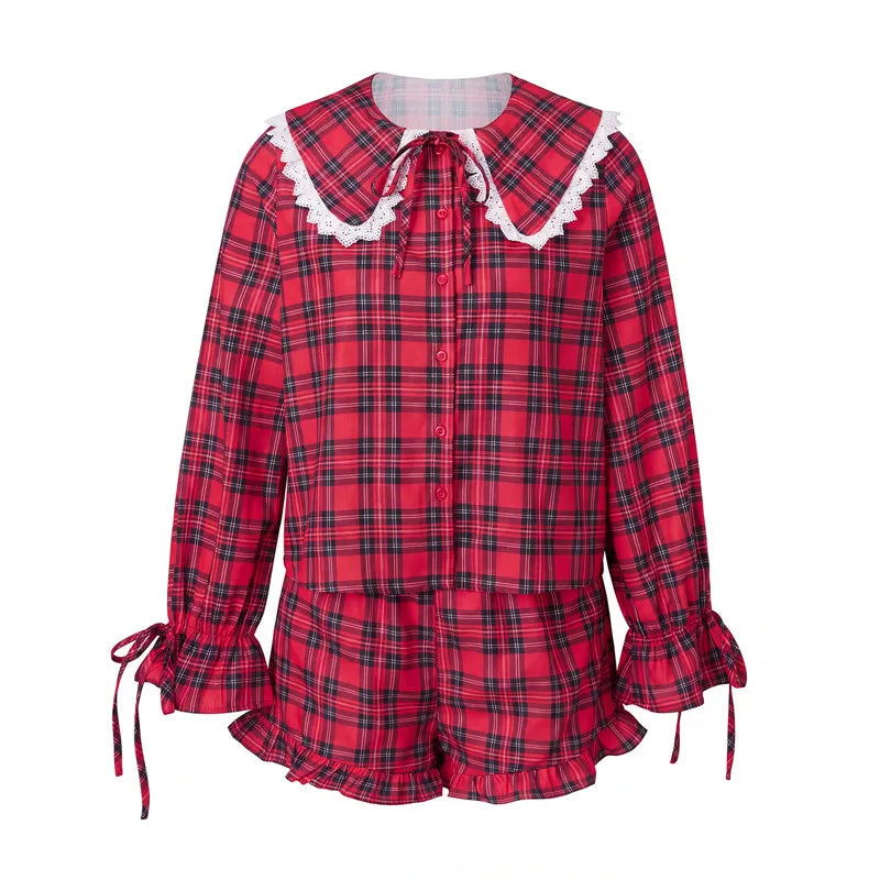 Women Christmas Plaid Two Piece Pajama Set Lace Collar Long Sleeve Button Top Ruffle Shorts Casual Loungewear Sleepwear