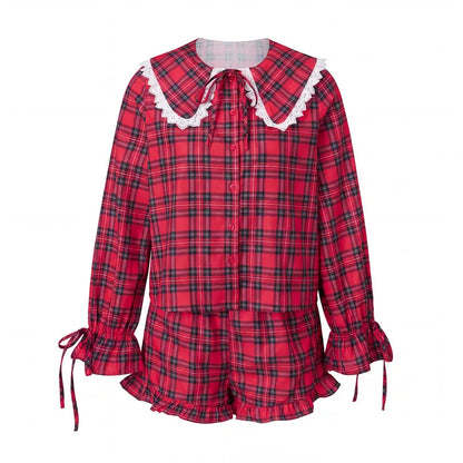 Women Christmas Plaid Two Piece Pajama Set Lace Collar Long Sleeve Button Top Ruffle Shorts Casual Loungewear Sleepwear