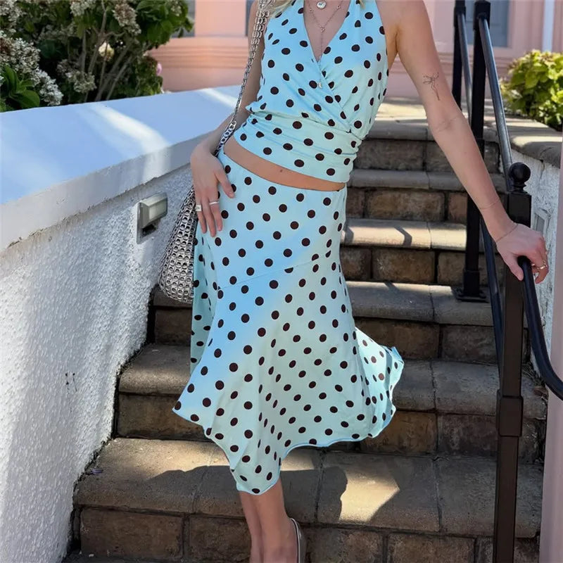 Women's Midi Skirt Stylish Dot Print/Striped A Line Casual Irregular Hem Low Rise Skirts for Summer Vacation Streetwear