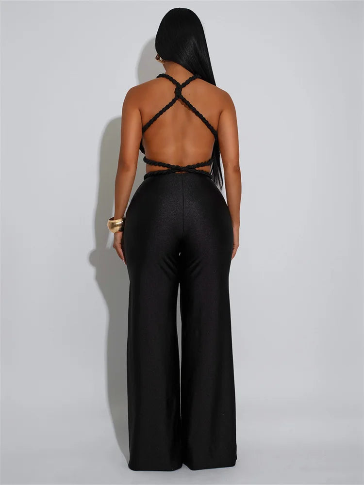 Hollow Jumpsuit Women Halter Chest Wrapped Waistless Backless Bandage Appliques Sexy Hottie High Street Hipster Overalls