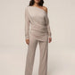 Leisure Elegant 2 Piece Set Women Trend Simple Skew Collar Full Sleeve T-Shirt+Patchwork Ruched Wide-Leg Pant Street Suit