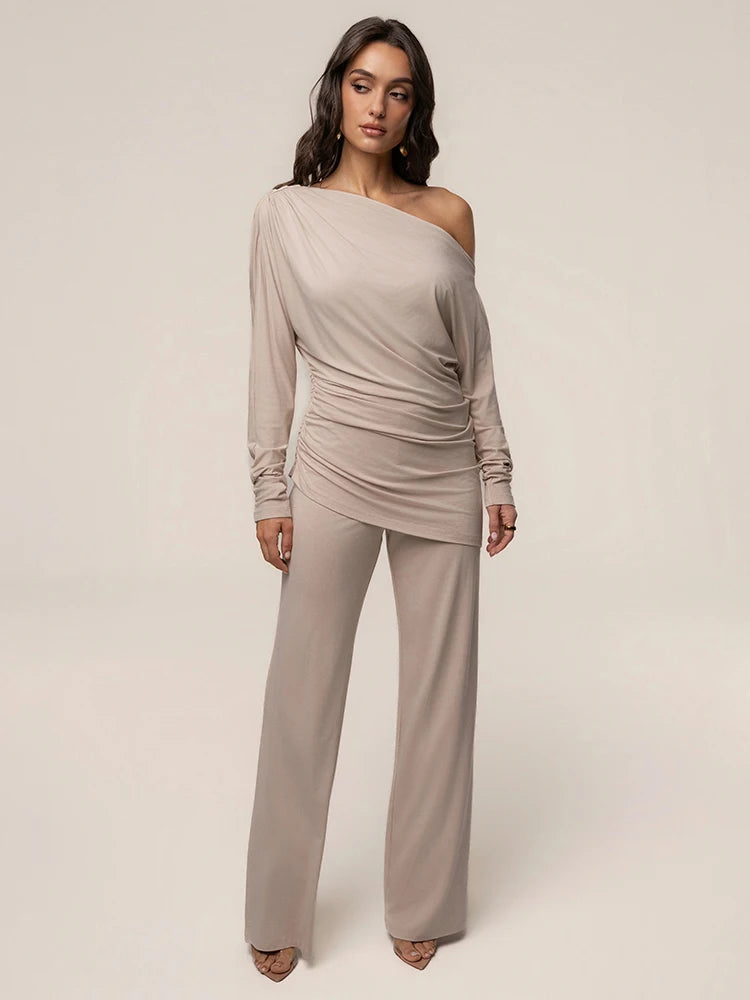 Leisure Elegant 2 Piece Set Women Trend Simple Skew Collar Full Sleeve T-Shirt+Patchwork Ruched Wide-Leg Pant Street Suit