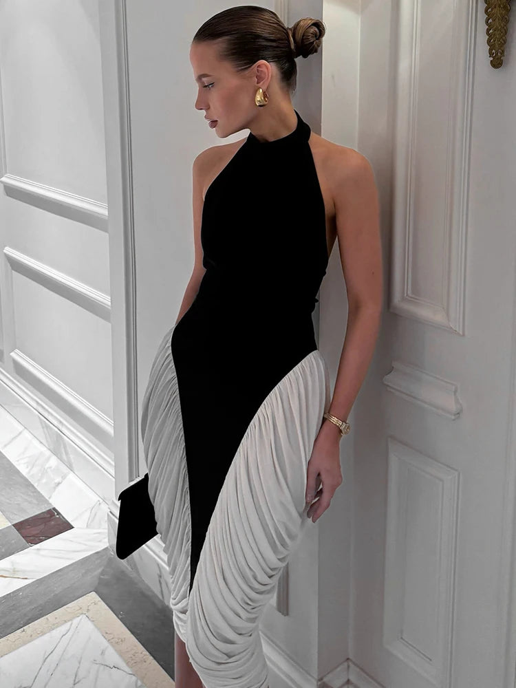 Contrast Patchwork Dress Women Sexy Backless Halter Pleated Y2K Sleeveless Slim Elegant Midnight Club Party Bodycon