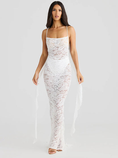 Mesh Patchwork Dress Women Sexy Jacquard Backless Sleeveless Long Ribbon Midnight Hipster Coquett Club Party Outfits