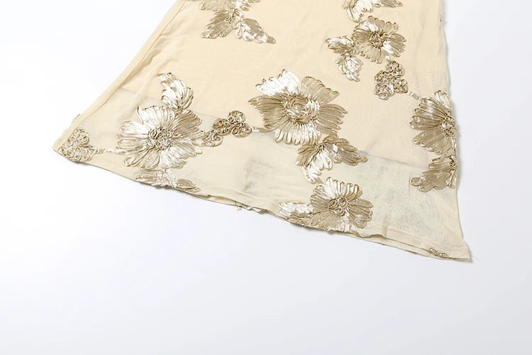 Flower Embroidery Maxi Dress Women Low-Neck Cross Bandage Backless Summer Street New Trend Skinny Elegant Vestidos