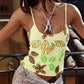 Y2K Tropical Starfish Leaf Sequin Cami Top Women Yellow Black Spaghetti Strap Slim Fit Camisole Beach Vacation Outfit