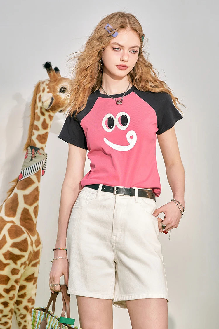 Shoulder blocking color front shoulder short sleeved t-shirt for women's summer new bm small short top