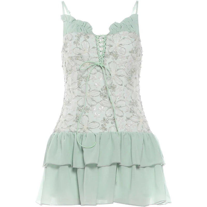 Patchwork Ruffles Dress Women Flower Decoration Cross Bandage Sleeveless Slim Sweet Summer Beach Party Mini Bodycon