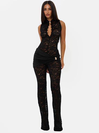 Lace See Through Sexy Jumpsuits Women Rompers Elegant Hollow Out Sleeveless High Waist Ruched Club Party Jumpsuit