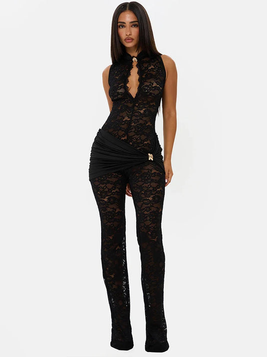 Lace See Through Sexy Jumpsuits Women Rompers Elegant Hollow Out Sleeveless High Waist Ruched Club Party Jumpsuit