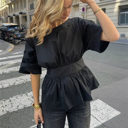 Backless Bow Tie Waist Ruffle Hem Top Women Short Sleeve Crew Neck Peplum Blouse Y2K Casual Summer Party Club Streetwear