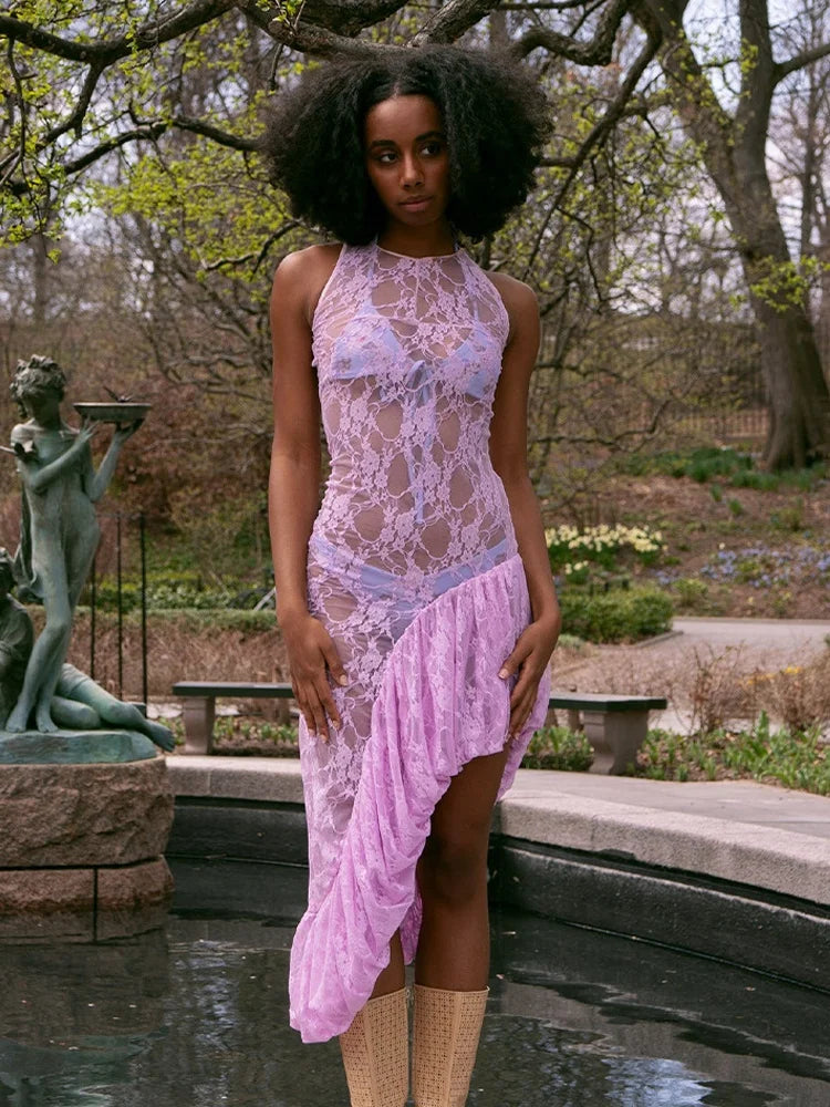 See Through Lace High Low Dresses Sexy Summer Beach Cover Up Asymmetrical Sleeveless Long Dresses