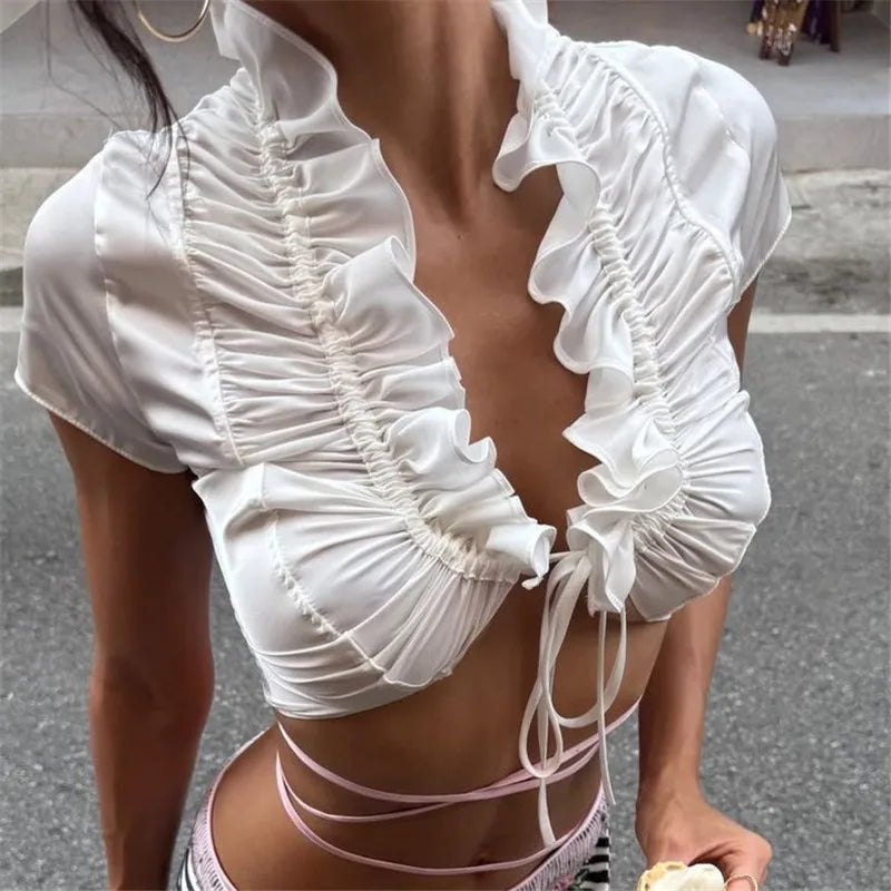 Sexy Ruffle Trim Satin Crop Top for Women Solid Tie Front Deep V Neck Short Sleeve Blouse Summer Casual Top Streetwear