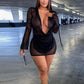 Deep V Neck Sexy Mini Mesh Dress Women Party Outfit 2023 Black See Through Long Sleeve Spring Club Bodycon Dress