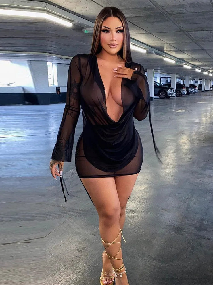 Deep V Neck Sexy Mini Mesh Dress Women Party Outfit 2023 Black See Through Long Sleeve Spring Club Bodycon Dress
