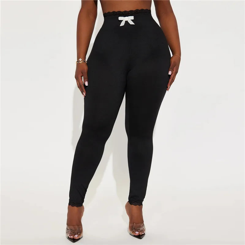 Women Solid Leggings High Waist Lace Trim Waist Ankle Hem With Bow Decor Bodycon Skinny Pants Casual Lounge Leggings