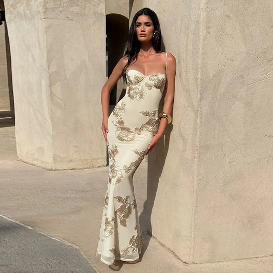 Flower-applique Lace-up Backless Maxi Dress Sexy Black Party Dresses Woman Elegant Evening Gown