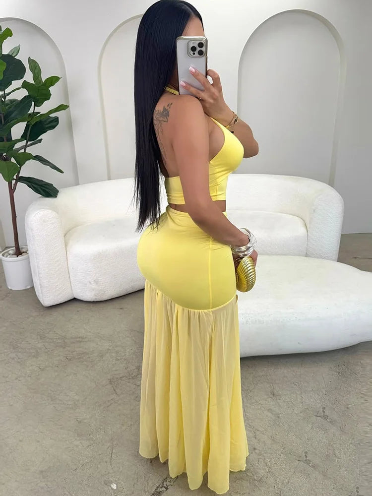 Sexy Fashion 2 Piece Set Women Metal Flower Decoration Halter Hollow Tops+Mesh Patchwork Long Skirts Elegant Outfits