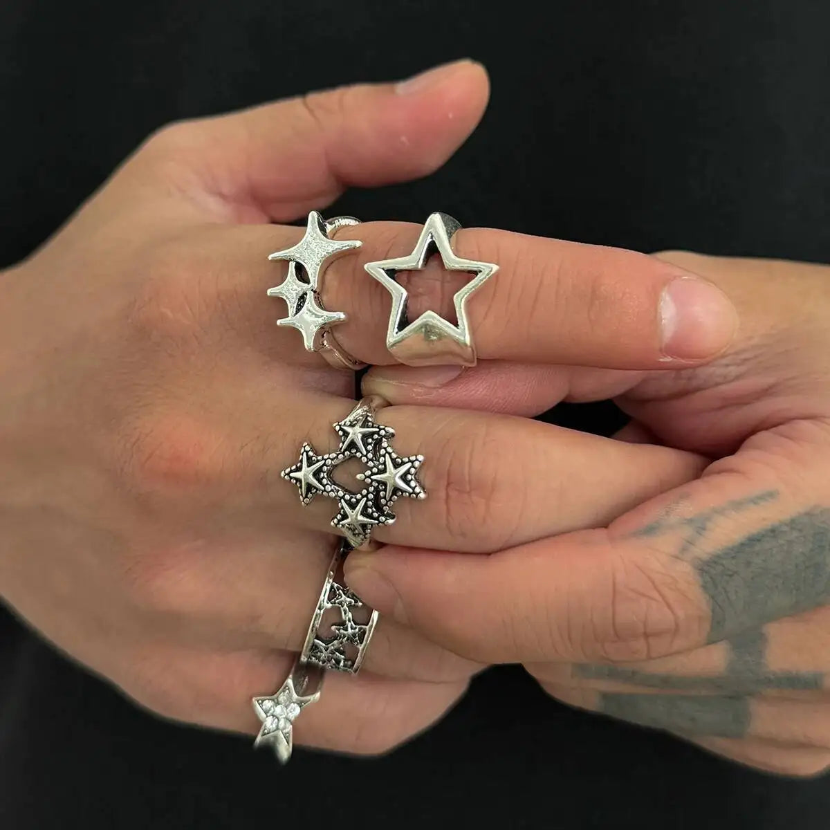5Pcs Hip Hop Hollow Out Stars Open Rings Set for Men Gothic Geometric Pentagram Adjustable Knuckle Ring Party Jewelry New