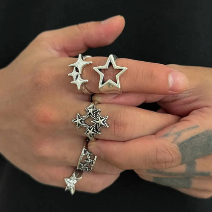 5Pcs Hip Hop Hollow Out Stars Open Rings Set for Men Gothic Geometric Pentagram Adjustable Knuckle Ring Party Jewelry New