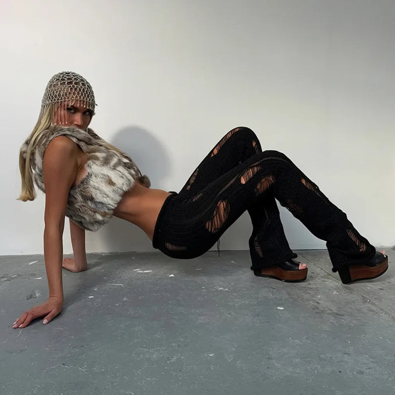 Low Rise Flare Pants Streetwear Trendy Hollow Hole Knitted Slim Trousers Women See Through Clothes