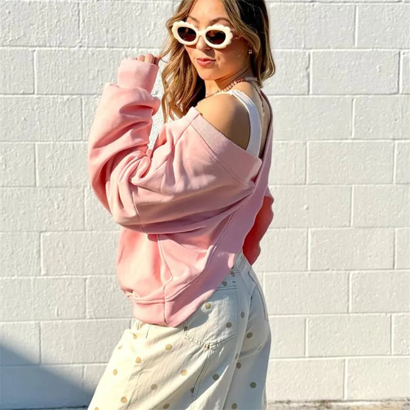 Solid Cross Front Wrap Cropped Sweatshirt Women Off Shoulder Baggy Long Sleeve Loose Crop Pullover Y2K Street Casual Top