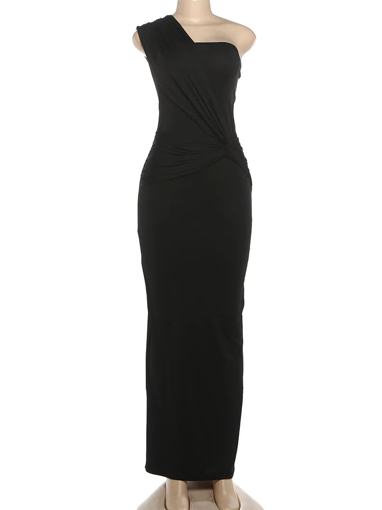 Casual Long Dress Woman Ruched Kink Design Skew Inclined Shoulder Sleeveless Backless Street Fashion Style Slim Vestidos