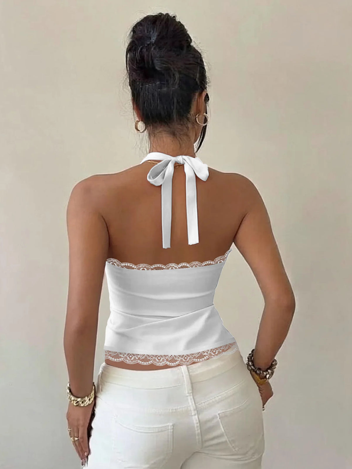 Sexy Lace Trim Hollow Out Halter Top Women's Tanks Camis White Summer Clothes for Woman 2026