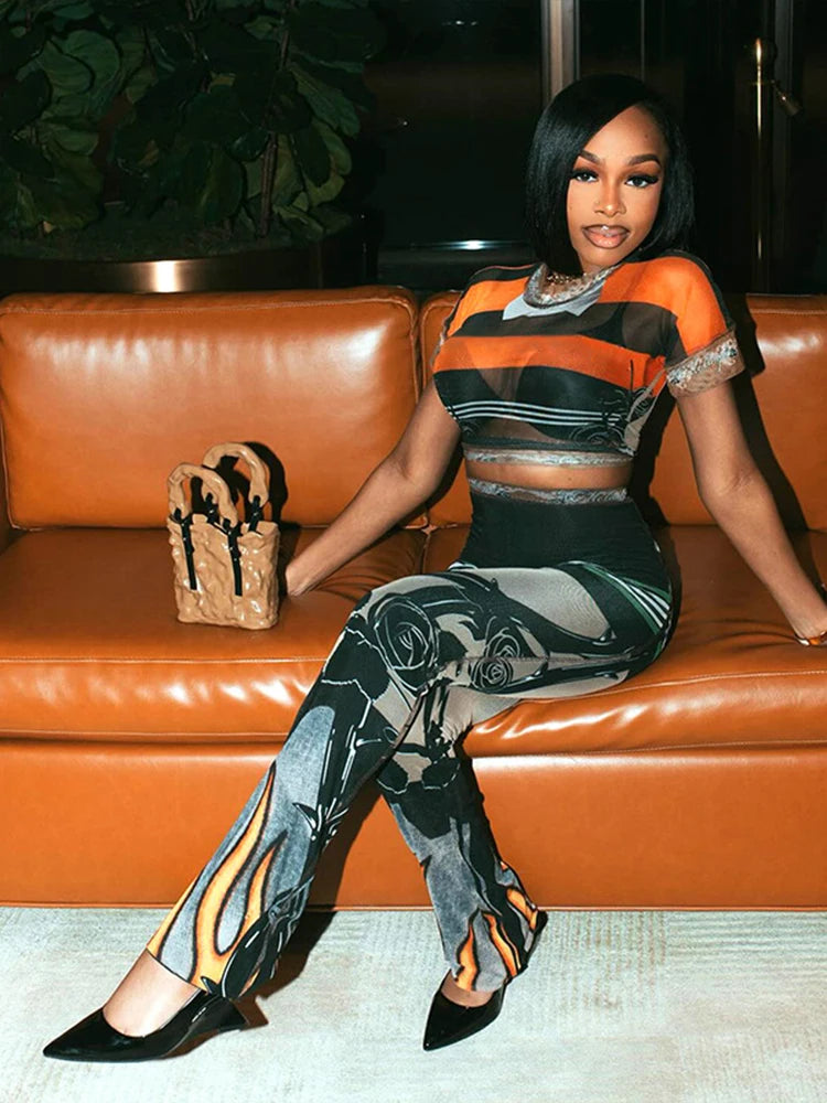 Colorful Print 2-Piece Set Elasticity Women See Through o-Neck Tops+Flared Trousers Summer Trend Daily Matching Suits