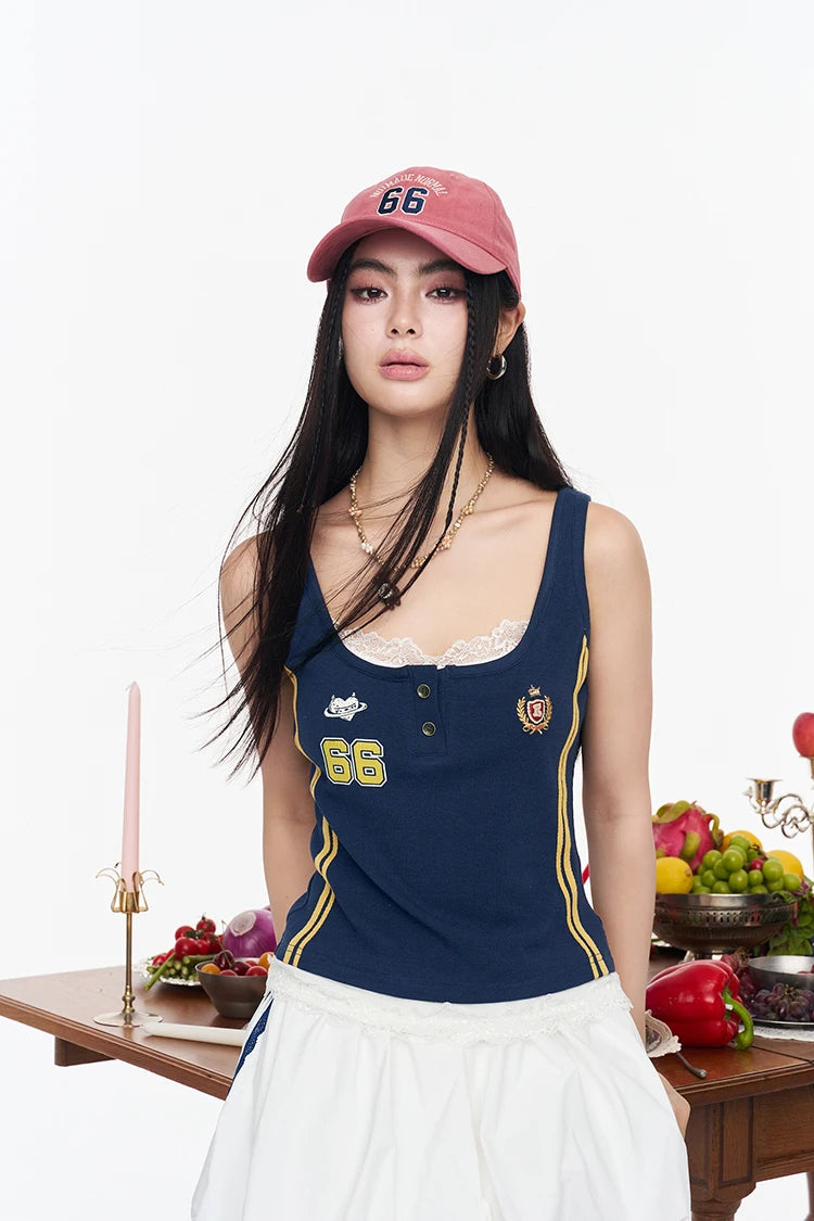 Women's 66 Print Jersey Tank Top, Layered Lace Trim Camisole, Y2K Coquette Sporty Style Sleeveless Top