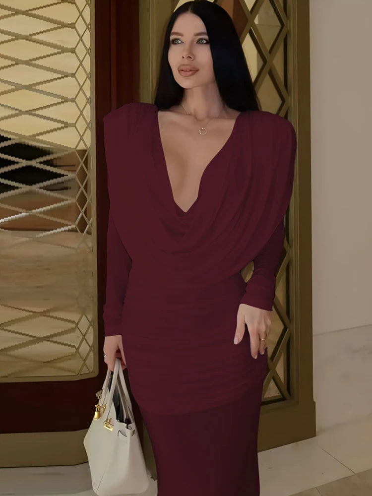 Swing Collar Backless Dress Women Ruched Full Sleeve Stretchy Elegant Party Banquet Gown Fashion Peach Hip Bodycon