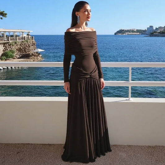 Off Shoulder Long Sleeve Pleated Dresses Women' S Clothes Solid Color French Elegant Maxi Dress Autumn 2025